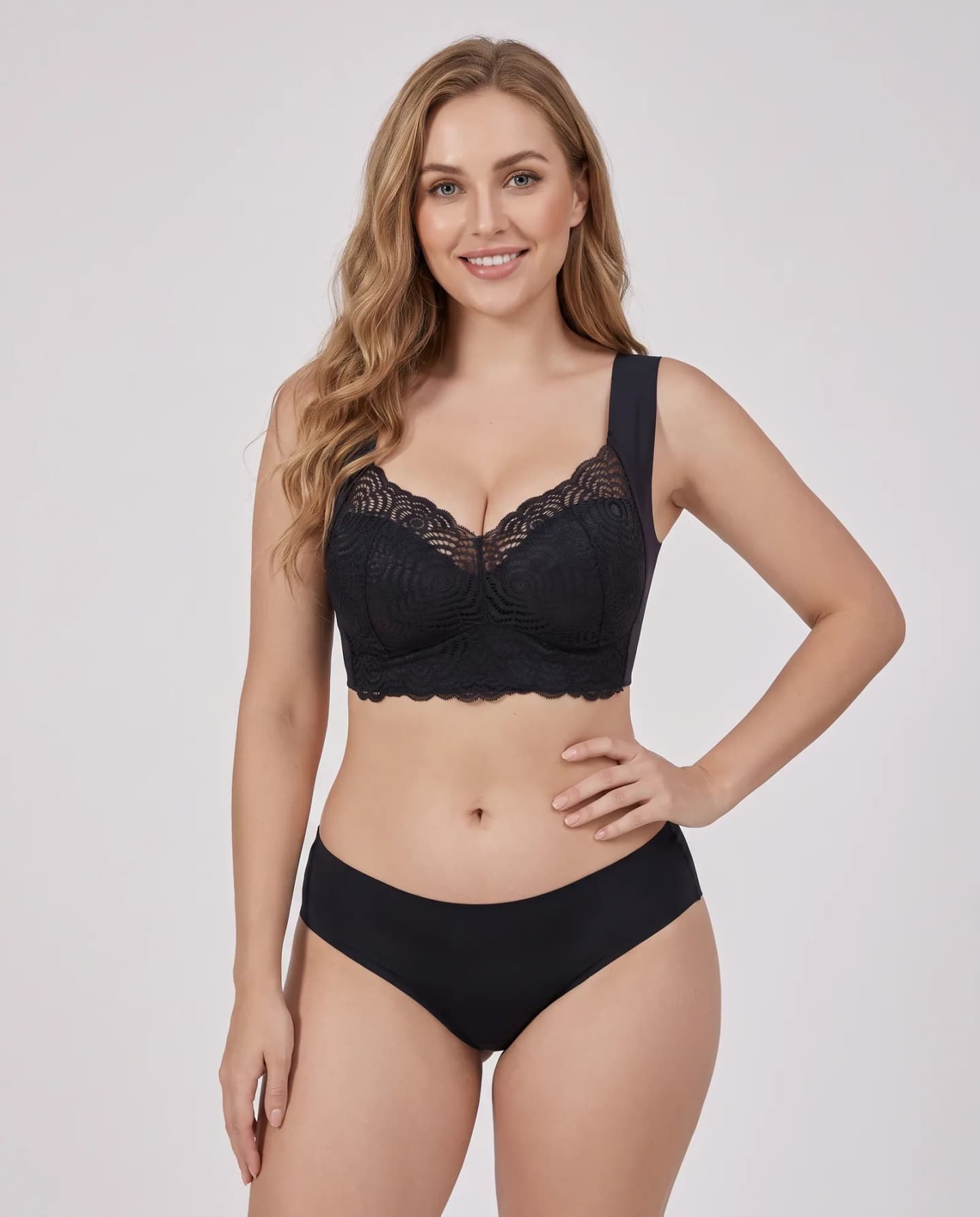The Flatterer Bra in Black, front view on model